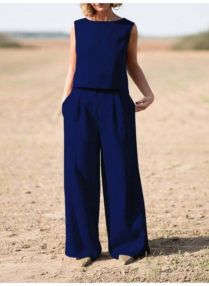 Barbora Linen Casual Sleeveless Top and Bottom Women's Set LN08LACIVERT12 - Image 1